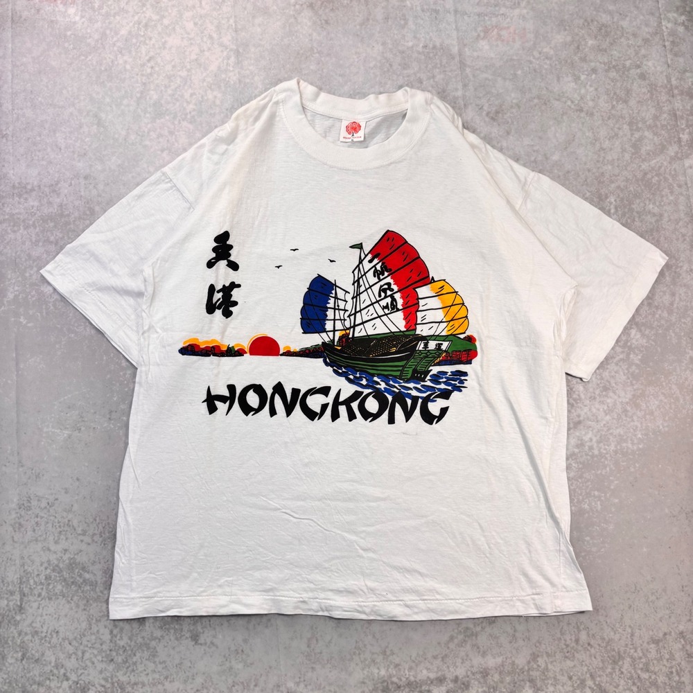 Vintage 1980s Hong Kong Golden Peacock Junk Boat Graphic T-Shirt XL